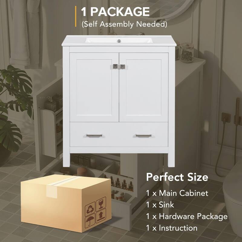 36"/30" Bathroom Vanity with Ceramic Sink, Soft-Close Doors, Double Storage Shelves & Divided Drawer
