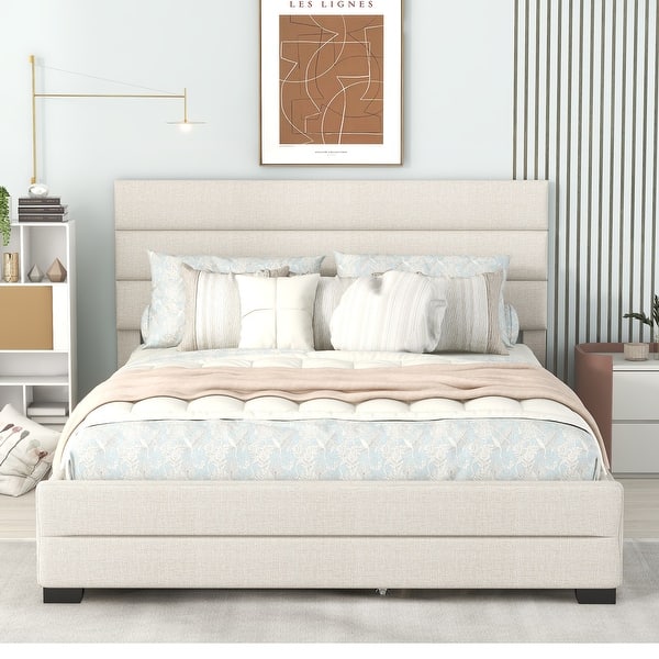 slide 2 of 5, Queen Upholstered Platform Bed with Twi Trundle and 2 Drawers, Beige Beige - Queen