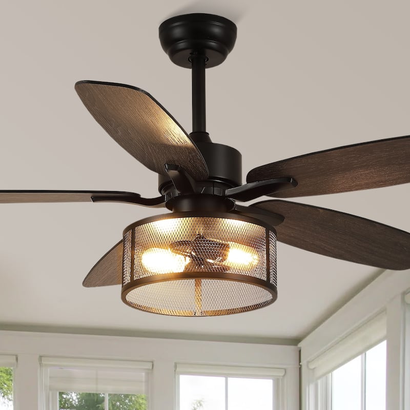 48“ and 56" Farmhouse Caged Light Ceiling Fan with Wood Blades Remote Control for Living Room Bedroom Patio 2*E26 Bulbs