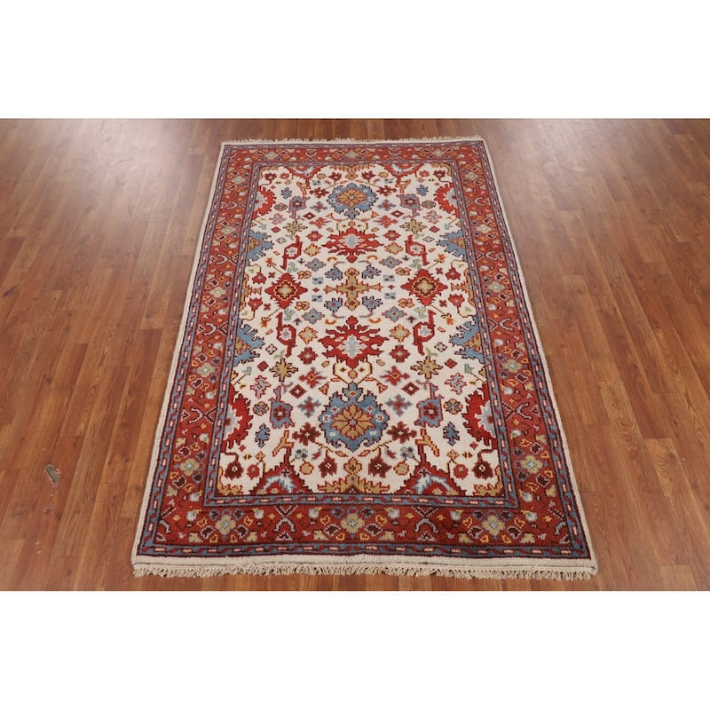 All-Over Ivory Oushak Indian Accent Rug Handmade Wool Carpet - 4'0" X 5'11"