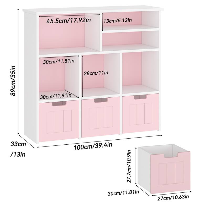 Toy Storage Organizerwith Hidden Wheels, Kids Bookshelf Floor Toy Storage Cabinet, 3 Movable Drawers