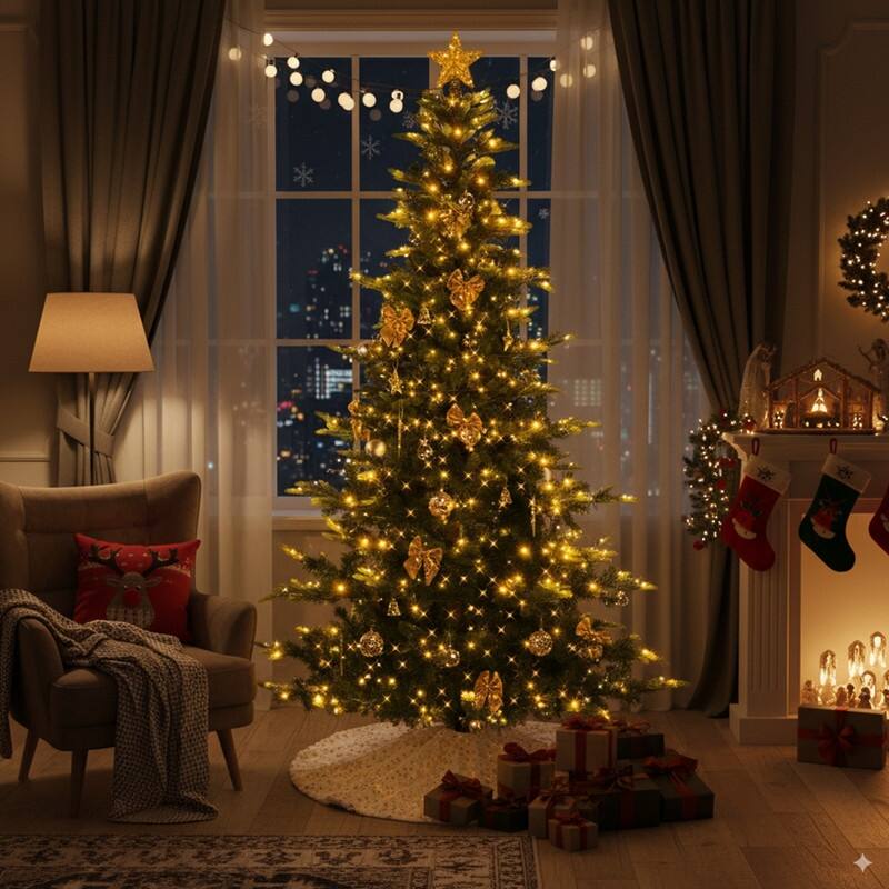 7.5 FT Artificial Christmas Tree with 400 Warm White LED Lights and Gold Ornaments