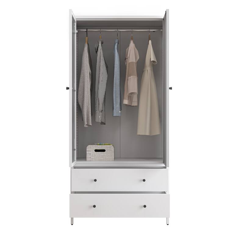 Metal Armoire Wardrobe Closet with 2 Drawers,Mirror Door and Hanging Rod