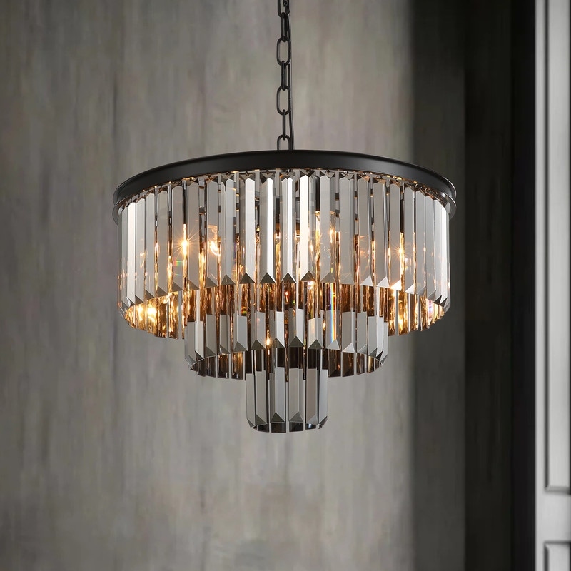 24 in. 12-Light Brass Waterfall Crystal Chandelier Multi-Tier Foyer Pendant Light with Adjustable Height for Dining Room