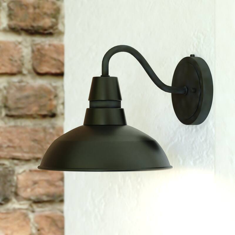 Buena Park Metal 1 Light Dusk to Dawn Black Outdoor Dome Barn Wall Lantern - 9-in W x 10-in H x 11.25-in D - Black and Vintage Black with Matte White Inner - 9-in W x 10-in H x 11.25-in D