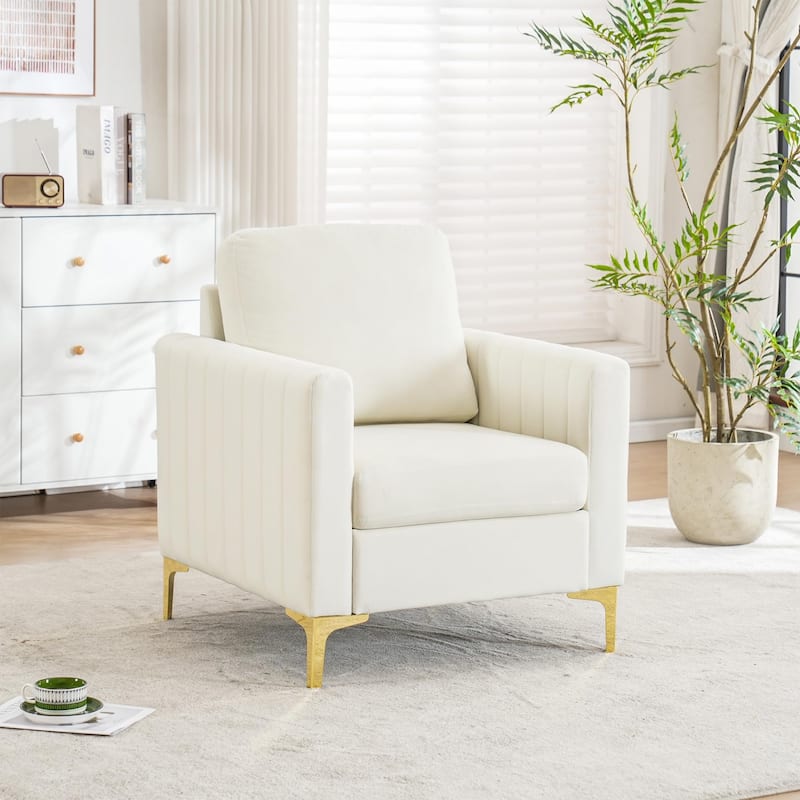 Modern Velvet Accent Chair for Living Room & Bedroom Comfy Reading Armchair with Gold Metal Legs - Ivory