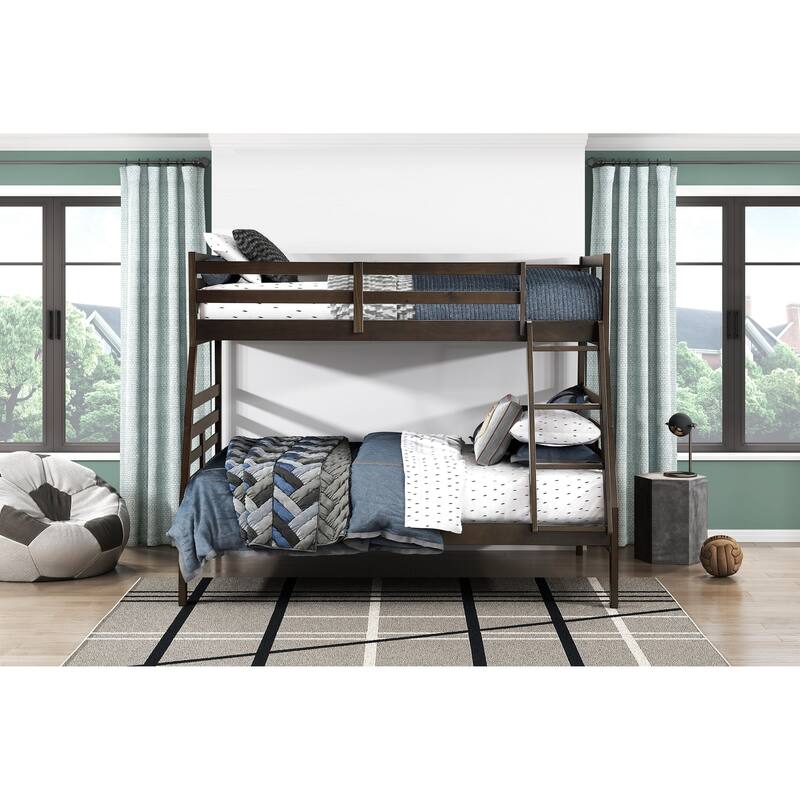 Twin Over Full Bunk Bed in Dark Brown, Durable Wood, Space-Saving Youth Furniture