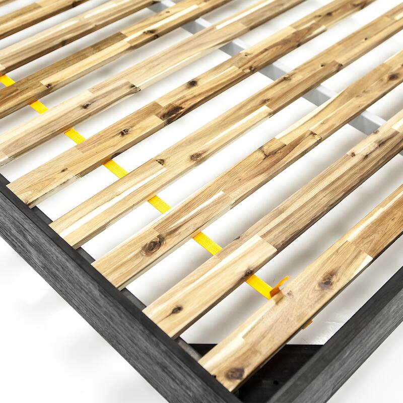 Modern Platform Bed - Gray Acacia Wood Frame & Upholstered Headboard - Low Profile Bed