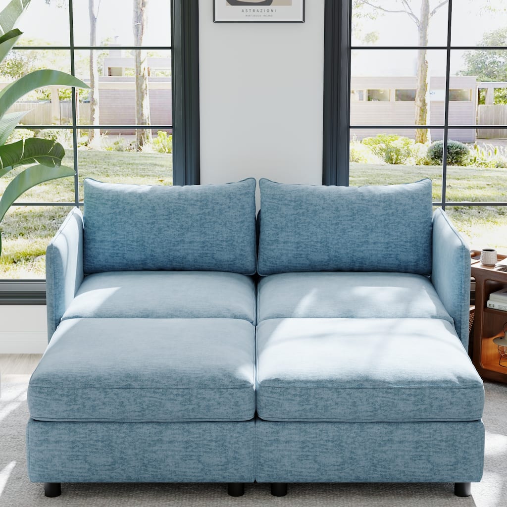 Antique Blue Modular Sectional Sofa 2-Seater Sofa Couch with Ottoman, Living Room Lounge Sofa Loveseat with Storage