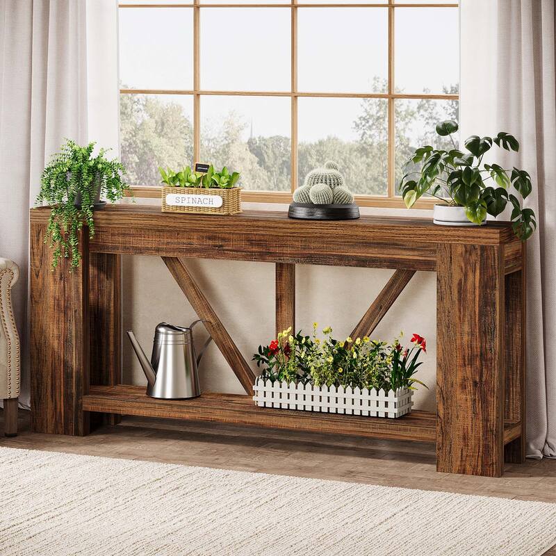 70.9-Inch Extra Long Console Table, 2-Tier Farmhouse Sofa Table Behind Couch