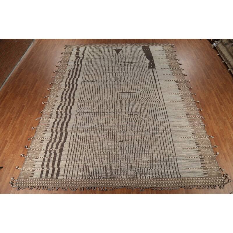 Striped Moroccan Oriental Large Area Rug Hand-Knotted Wool Carpet - 12'0"x 15'8"