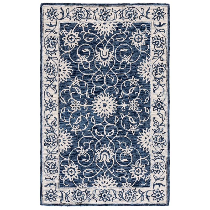 SAFAVIEH Handmade Jardin Trinchen Floral Wool Rug - 6' Square - Navy/Ivory