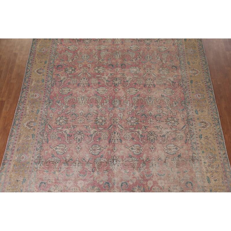 Hand Knotted Oriental 100% Wool Carpet Traditional All-Over Pink Tabriz Area Rug - 12' 8'' X 9' 7''