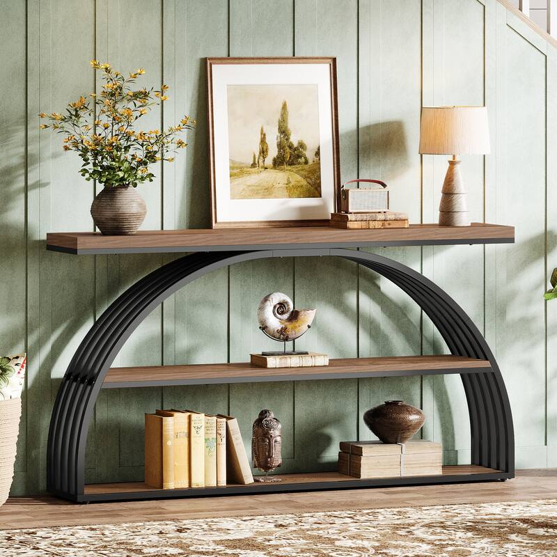 63 Inch Console Table for Entryway, 3 Tier Narrow Sofa Table with Arched Frame - 62.99" L x 11.81" W x 34.25" H - Rustic Brown and Black