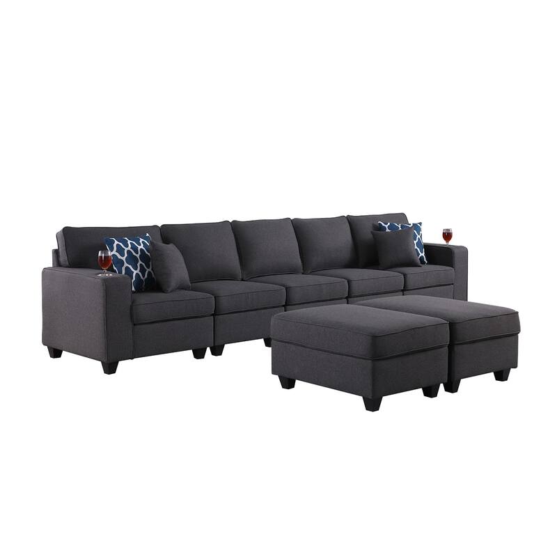 Linen Upholstered 5-Seater Sofa with 2 Ottomans in Dark Gray