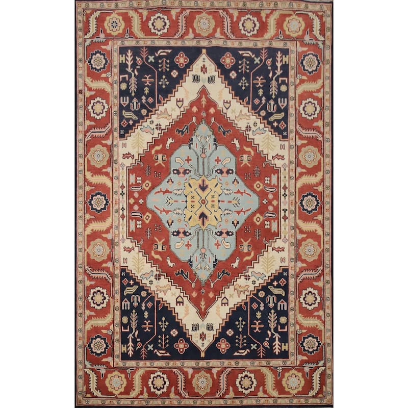 Hand Knotted Oriental 100% Wool Carpet Traditional Medallion Oranges & Rust Heriz (serapi) Area Rug - 9' 1'' X 6' 4''