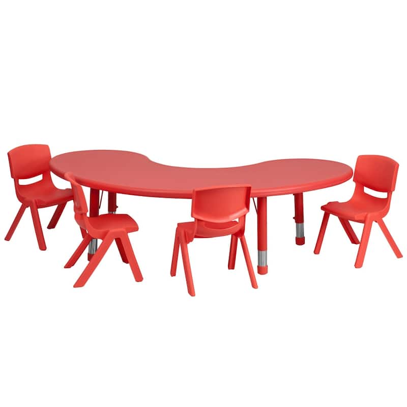 35"W x 65"L Half-Moon Plastic Adjustable Activity Table Set - 4 Chairs - Red