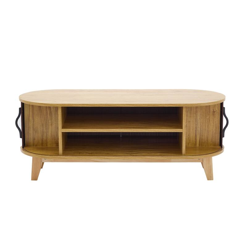 Sliding Door Coffee Table with Solid Wood Legs, Smooth Edges, and Ample Storage