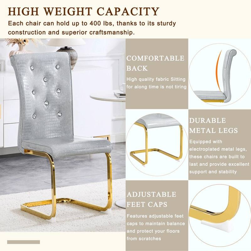 Set of 2 Retro Alligator Skin Upholstered Dining Chairs with Crystal Buckle Design & Faux Leather