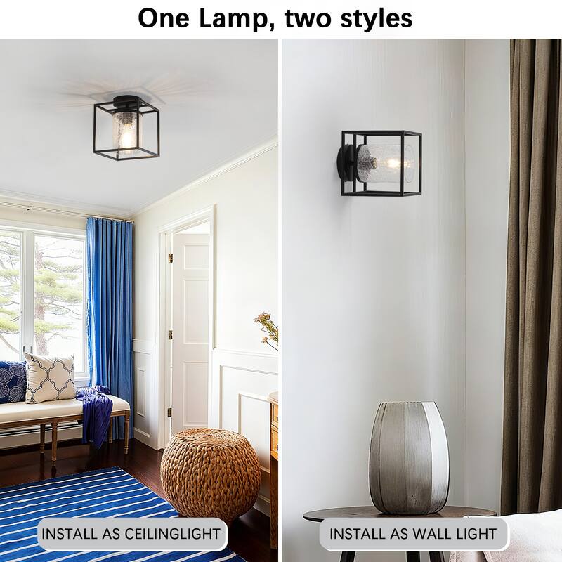 1-Light Modern Black Metal Frame Textured Glass Ceiling Light - Matte Black