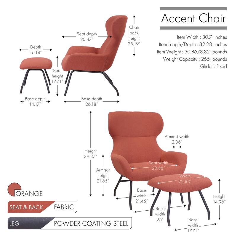 Porthos Home Autry Fabric Wingback Accent Chair and Ottoman Set with Steel Legs