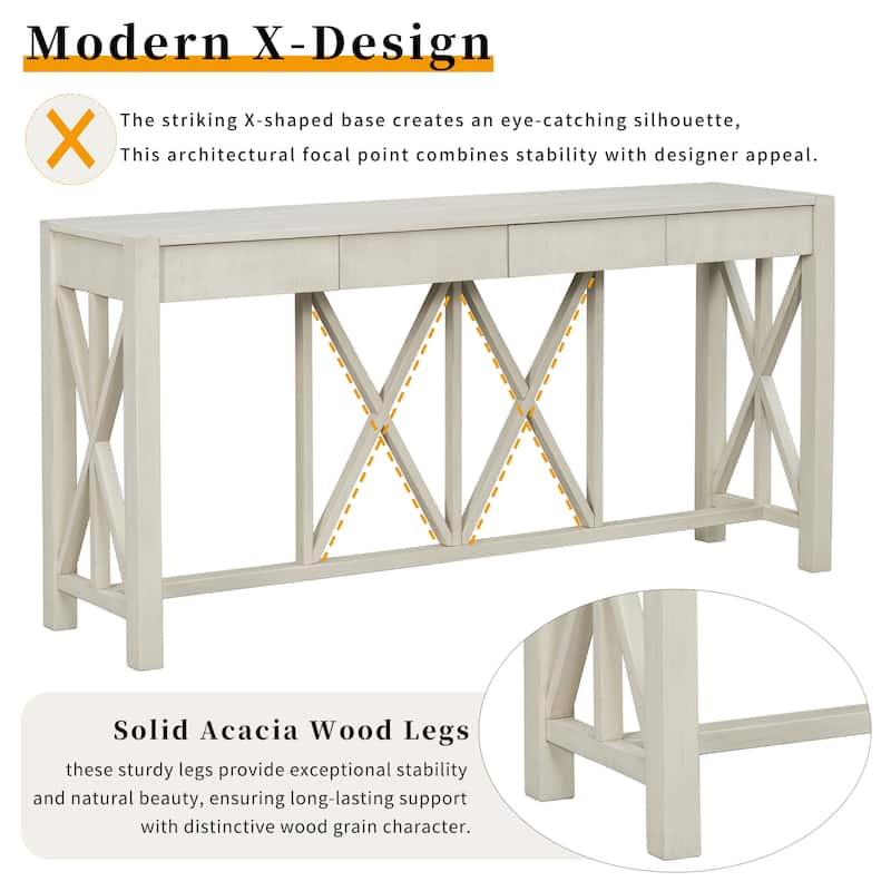 60''Acacia Veneer Console Table With 4 Spacious Drawers,Entryway Table With Open Bottom Storage,Farmhouse Sofa Table