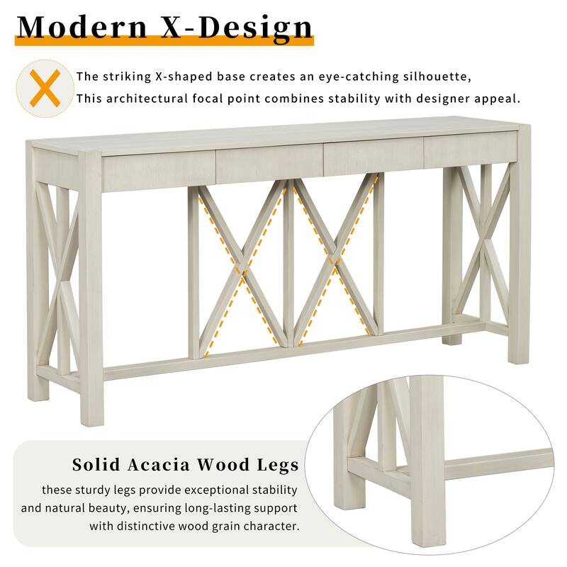 Anmytek Blue Acacia Wood Console Table with 4 Drawers X Base Design for Entryway and Kitchen Storage