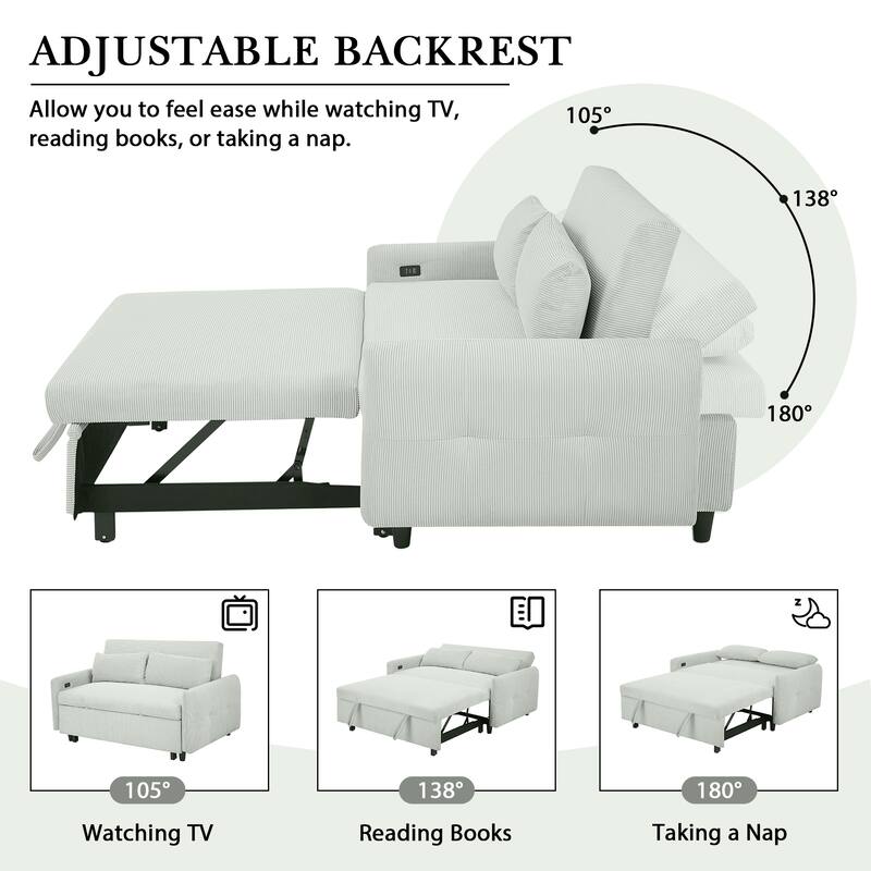 57.48" Corduroy Convertible Sofa Bed with Pull-Out Sleeper, Adjustable Backrest & USB