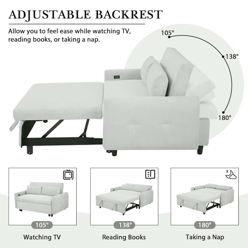 Stylish Pull Out Sofa Bed with 3-Level Adjustable Backrest, Sleeper Loveseat Sleeper Sofa with USB Ports, 2 Seat Couch