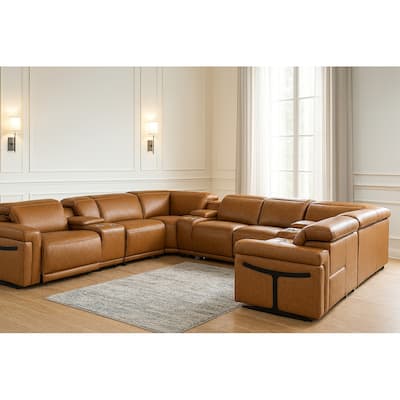 HomeRoots Chestnut Italian Leather Power Reclining U Shaped Ten Piece Corner Sectional With Console
