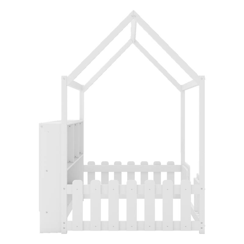 Twin Size House Bed with LED Light, Wood House Bed with Storage Bookshelf, Floor House Bed with Guardrails for Kid