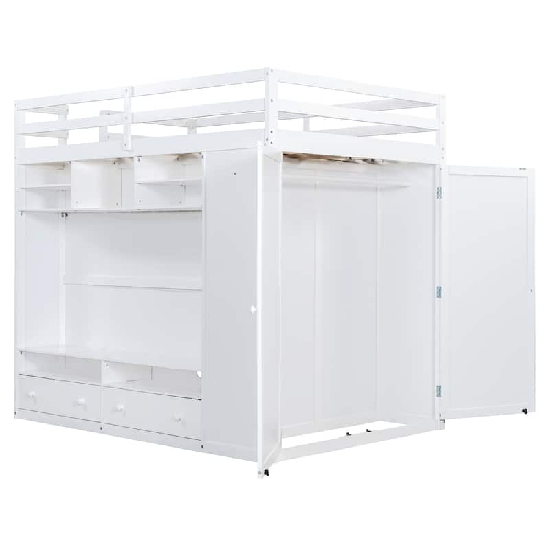 Full Size Loft Bed with Storage, LED Light, and Shelves - White