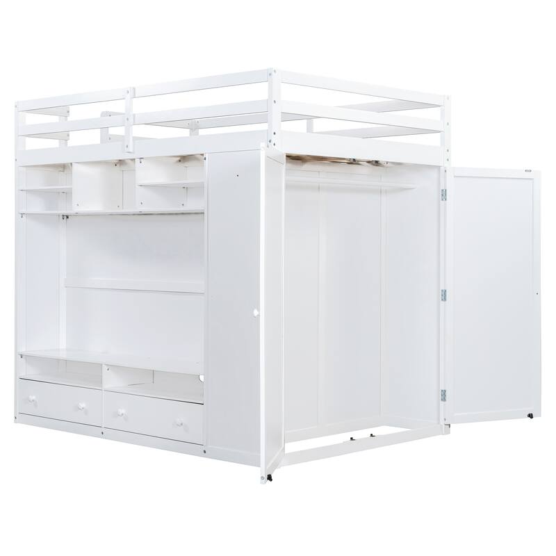 Full Size Loft Bed with Storage Drawers, Built-in Wardrobe, LED Lighting, and Shelving by Harper&Bright Designs