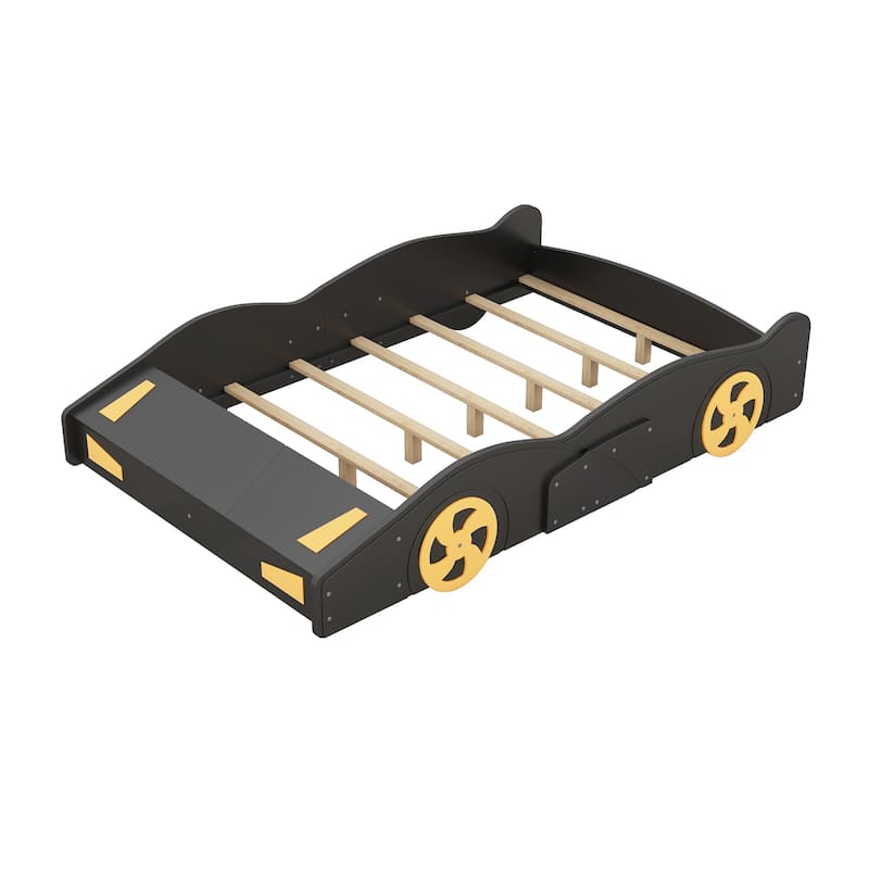 Twin/Full Size Race Car-Shaped Platform Bed with Wheels and Storage