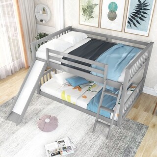 Floor Bunk Bed with Slide, Ladder Full Over Full Low Bunk Bed