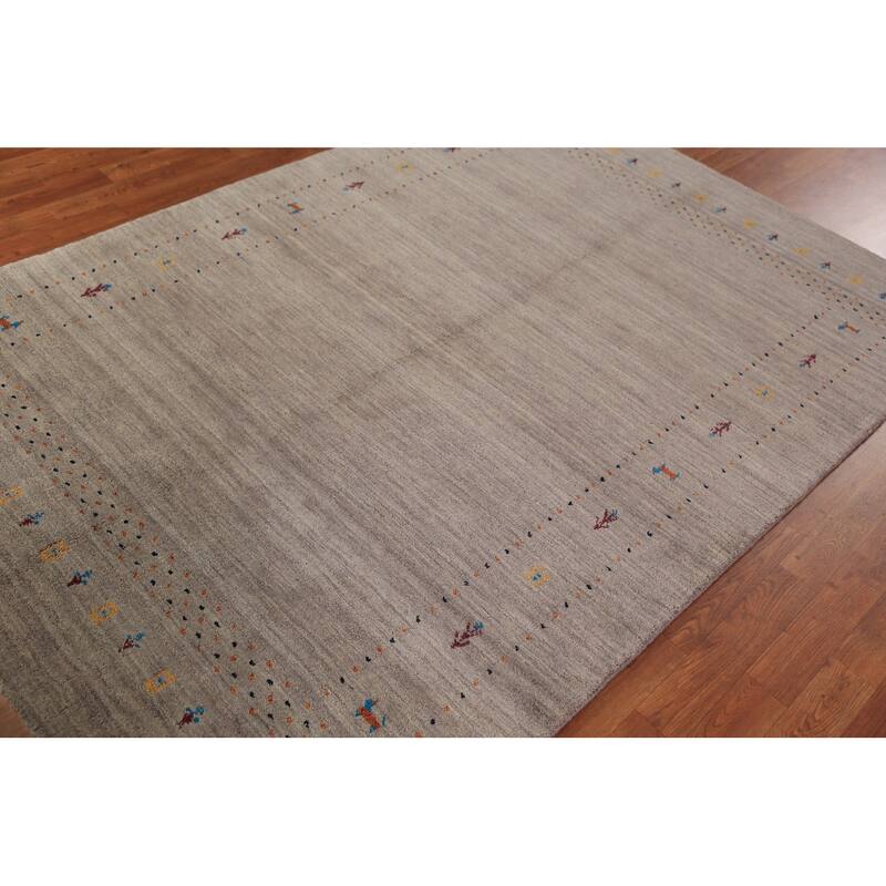 Contemporary Gabbeh Rug Hand-Knotted Beige Modern Wool Carpet - 5'3" x 7'8"