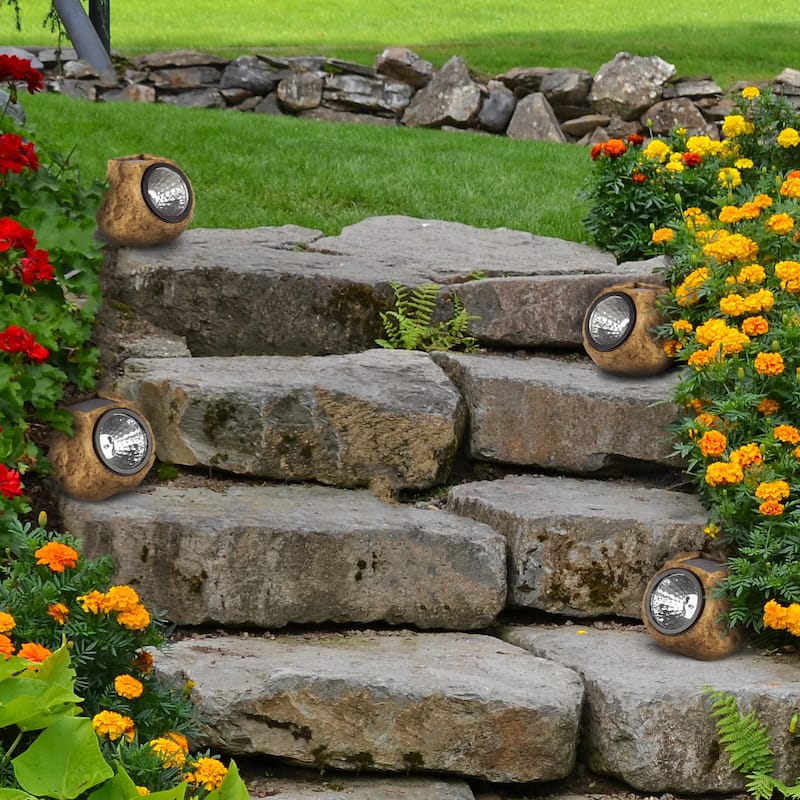 Solar Outdoor Lights - 4-Pack of All-Weather Faux-Stone LED Rock Lights by Pure Garden (Brown) - Brown