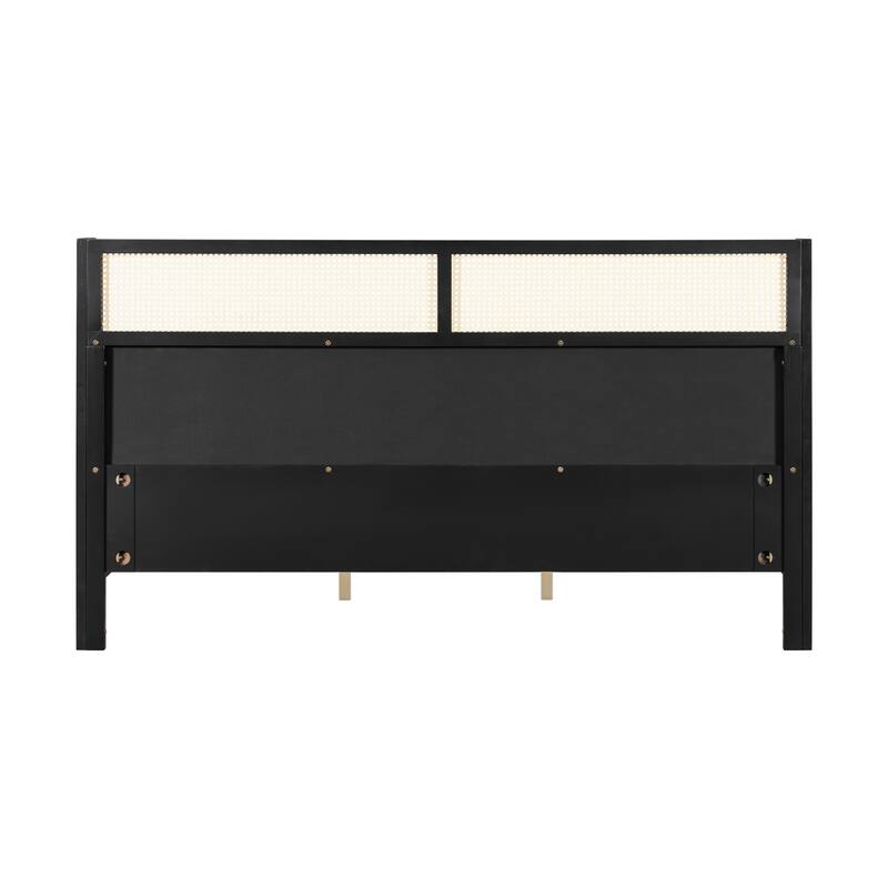 Christopher Knight Home - Mid-Century Upholstered Wood Low-Profile Platform Bed with Rattan Weaving Headboard