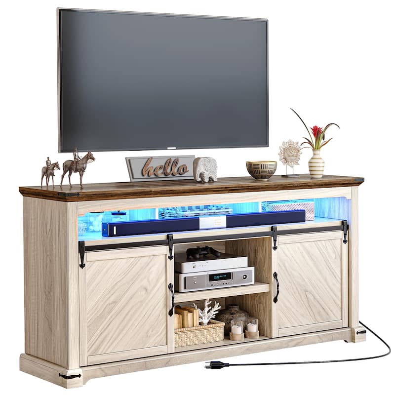 Moasis Farmhouse TV Stand for TV up to 75" Sliding Barn Door Media Console with LED Lights - Walnut