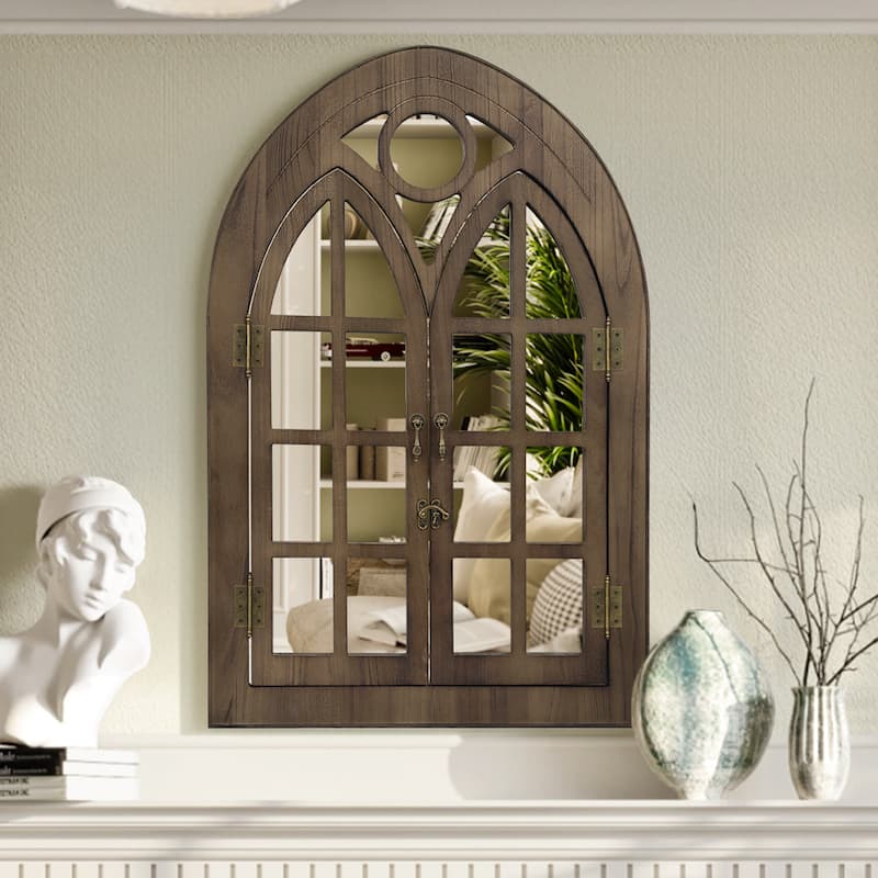 Classic Arched Wood Framed Window Pane Wall Mirror