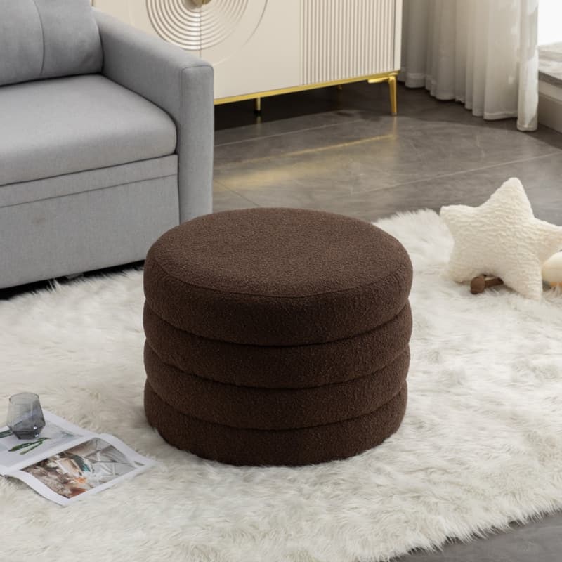 Boucle Fabric Storage Round Ottoman Footstool With Wooden Shelving