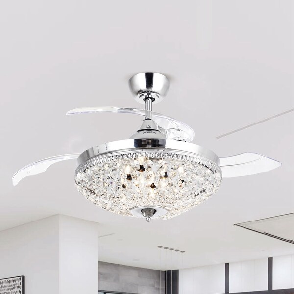 42" Modern Invisible Ceiling Fan Light Home Bar Crystal Fan Chandelier w/ Remote 