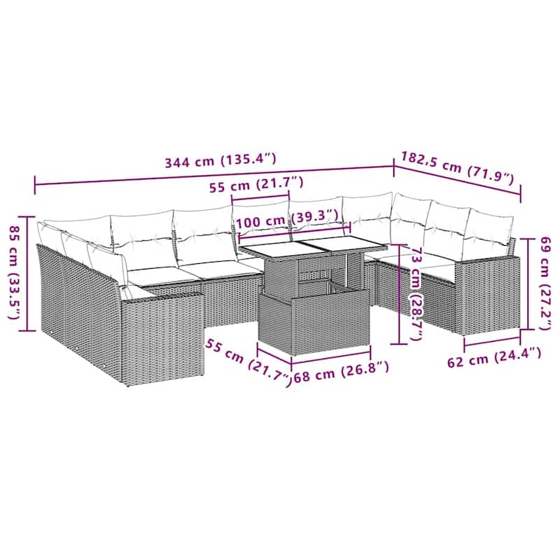 vidaXL 11 Piece Patio Sofa Set with Cushions Black/Brown/Gray Poly Rattan - 24.4 x 24.4 x 27.2