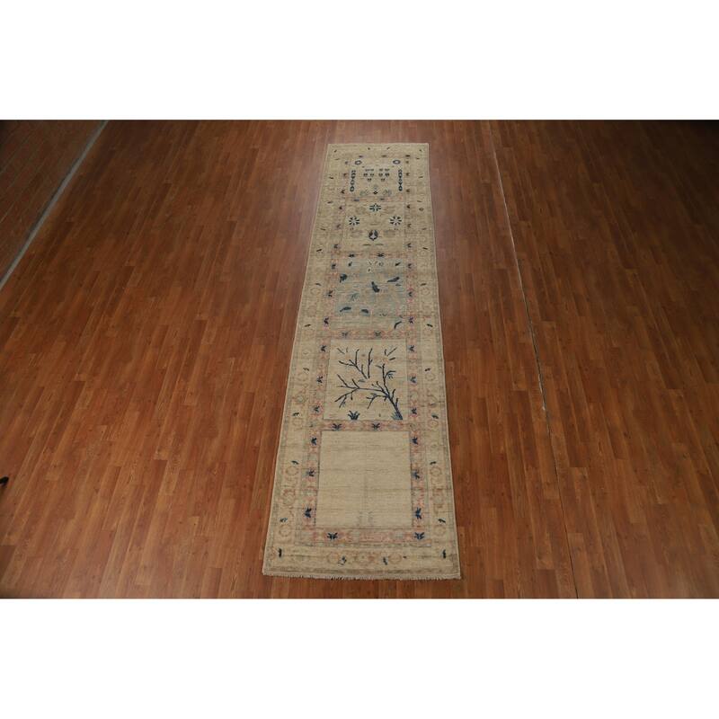 Hand Knotted Oriental 100% Wool Carpet Traditional Floral Beige & Ivories Art Deco Runner Rug - 11' 10'' X 3' 0''