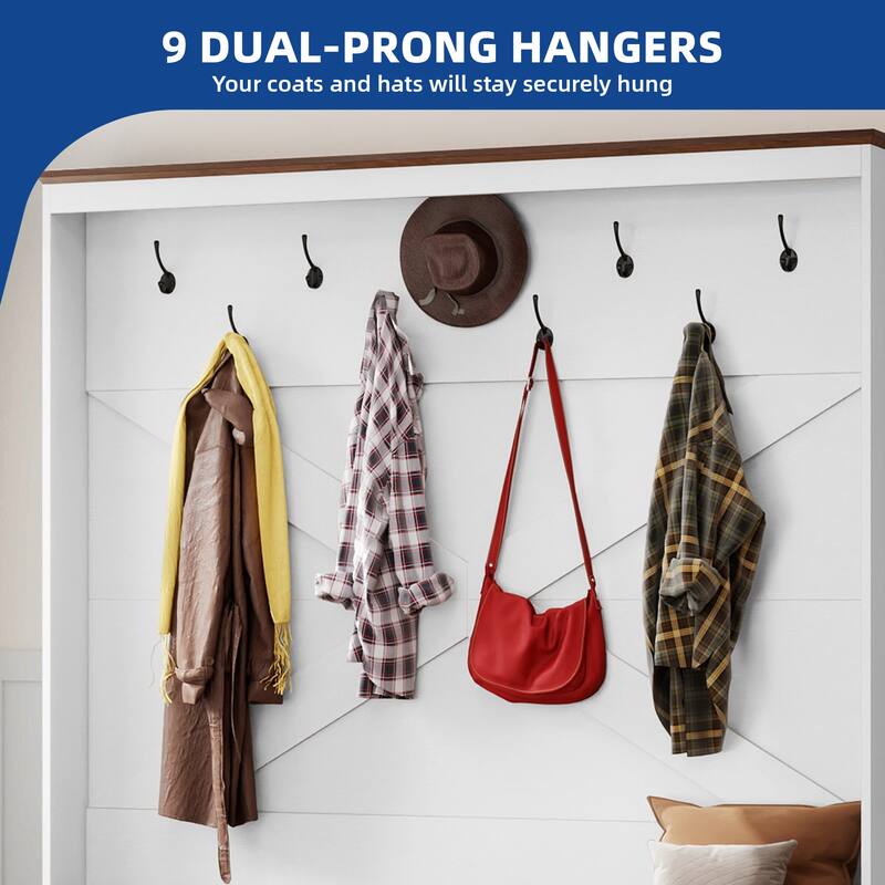 Moasis Hall Tree Coat Rack with Bench Shoe Storage w/ 10 Hooks for Entryway