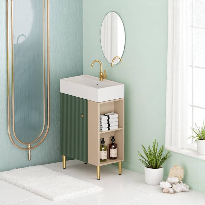 21.6" Contemporary Bathroom Vanity with Ceramic Sink, Soft-Close Door, Open-Shelving Storage Cabinet, Brushed Gold Hardware
