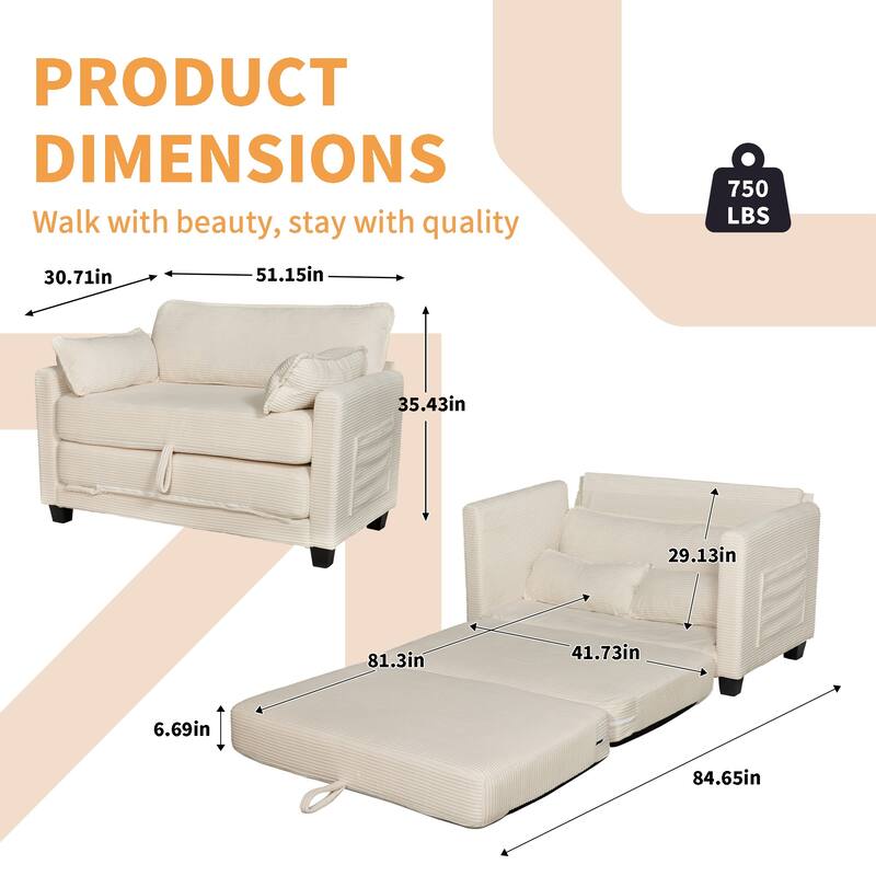 2-in-1 Convertible Corduroy Sofa Bed with Storage, High-Rebound Sponge & Solid Wood Frame