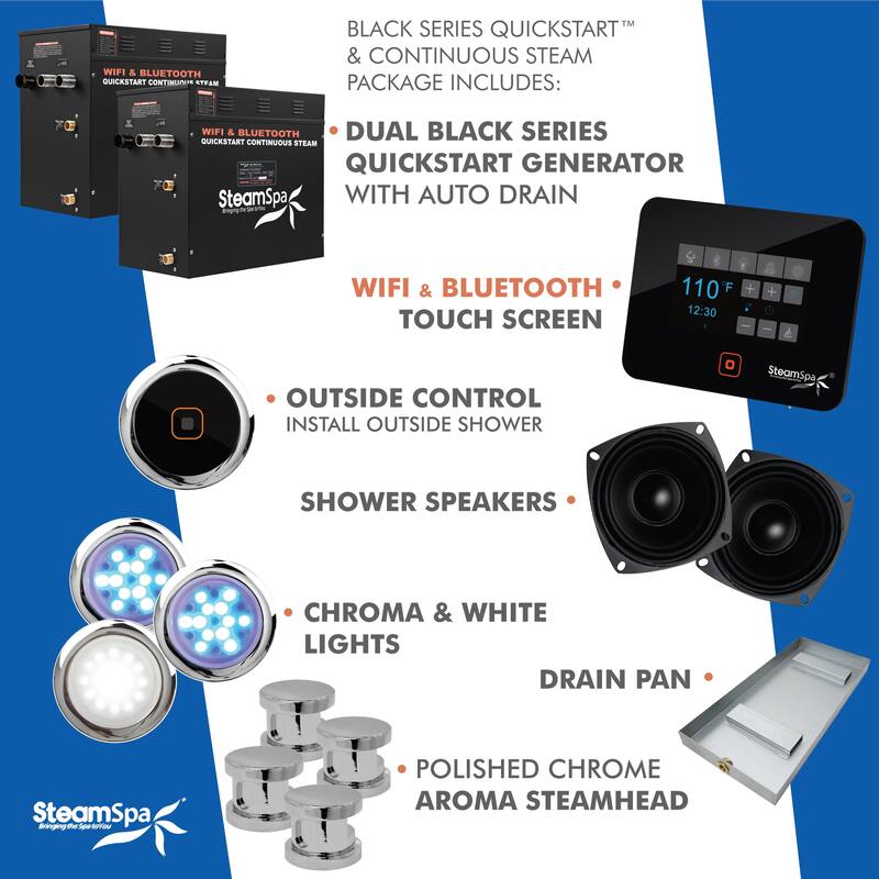 Black Series WiFi and Bluetooth 2 x 10.5kW QuickStart Steam Bath Generator Package w/ Dual Aroma Pump in Polished Chrome