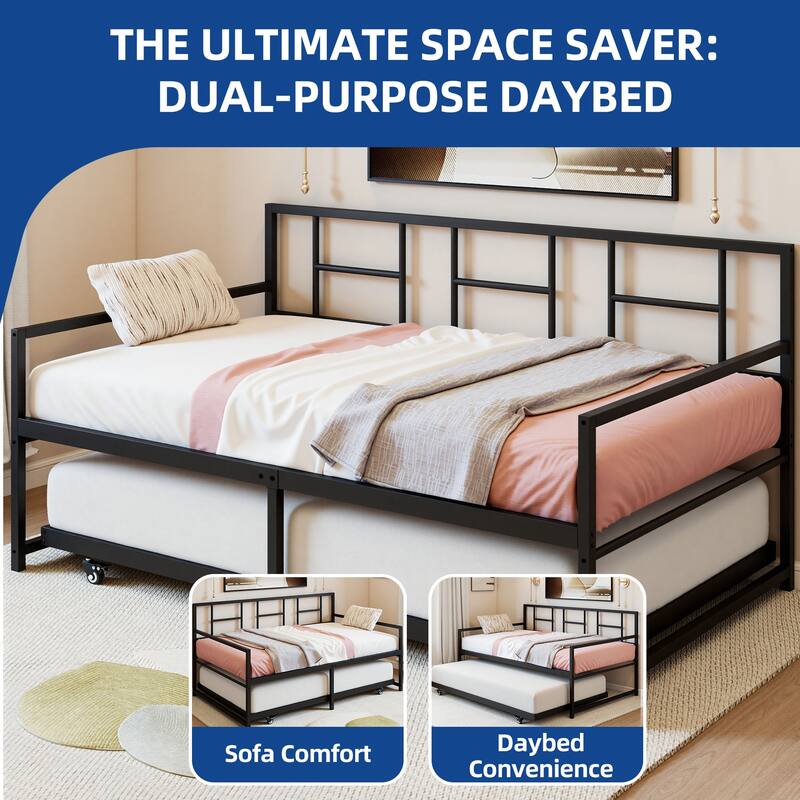 Moasis Twin Daybed with Pull Out Trundle, Metal Trundle Bed