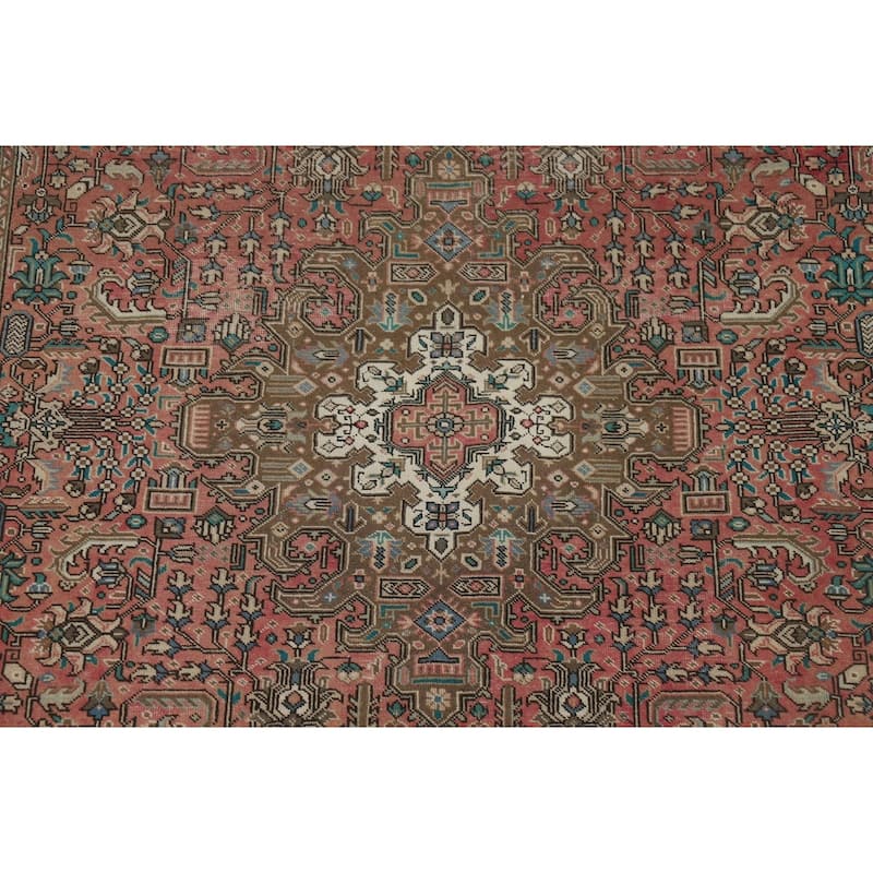 Pink Geometric Tabriz Vintage Persian Area Rug Handmade Wool Carpet - 6'5" x 9'9"
